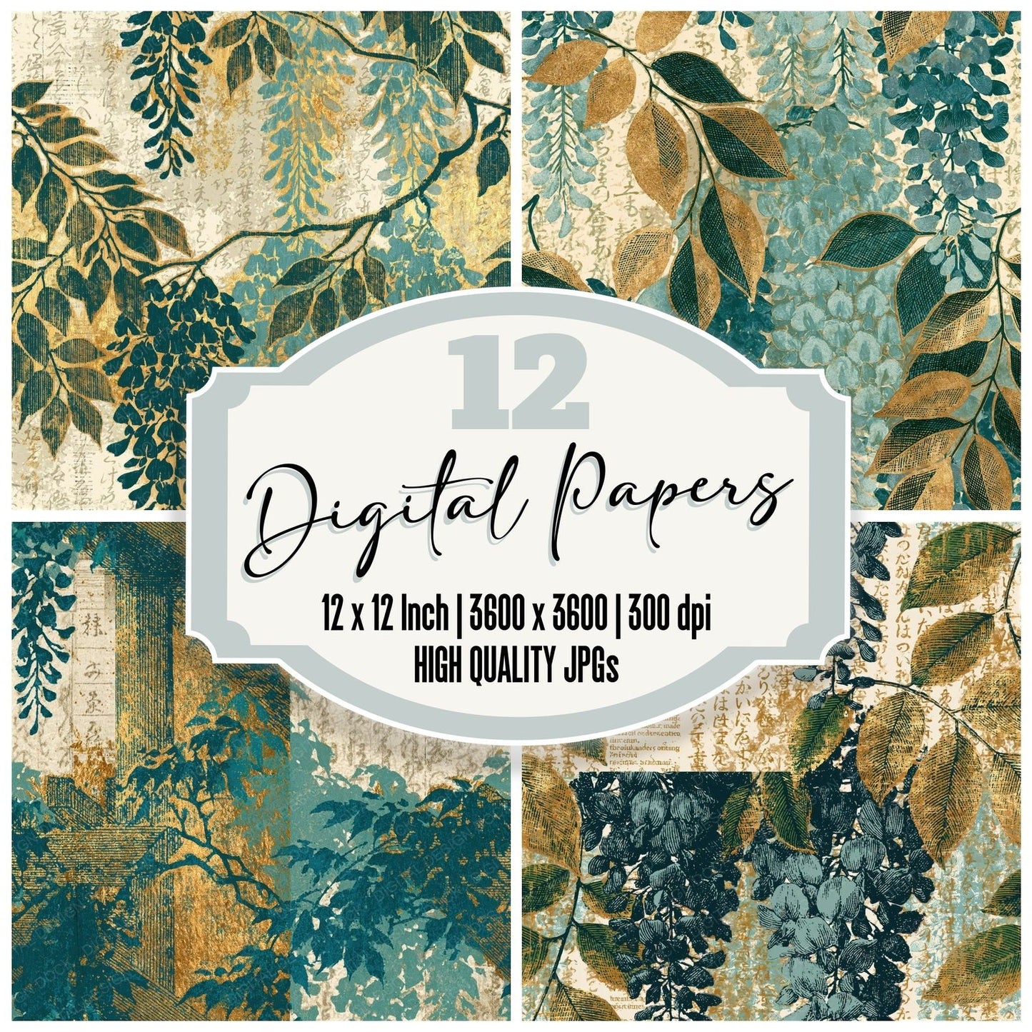 Engraving Wisteria Mint Gold Seamless Digital Paper Pack (DDD014090)