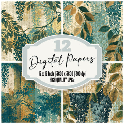 Engraving Wisteria Mint Gold Seamless Digital Paper Pack (DDD014090)