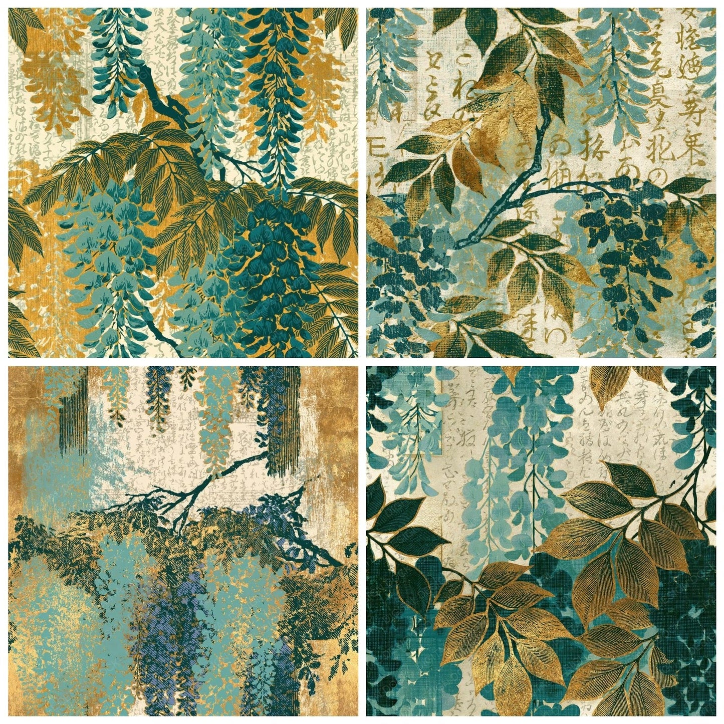 Engraving Wisteria Mint Gold Seamless Digital Paper Pack (DDD014090)