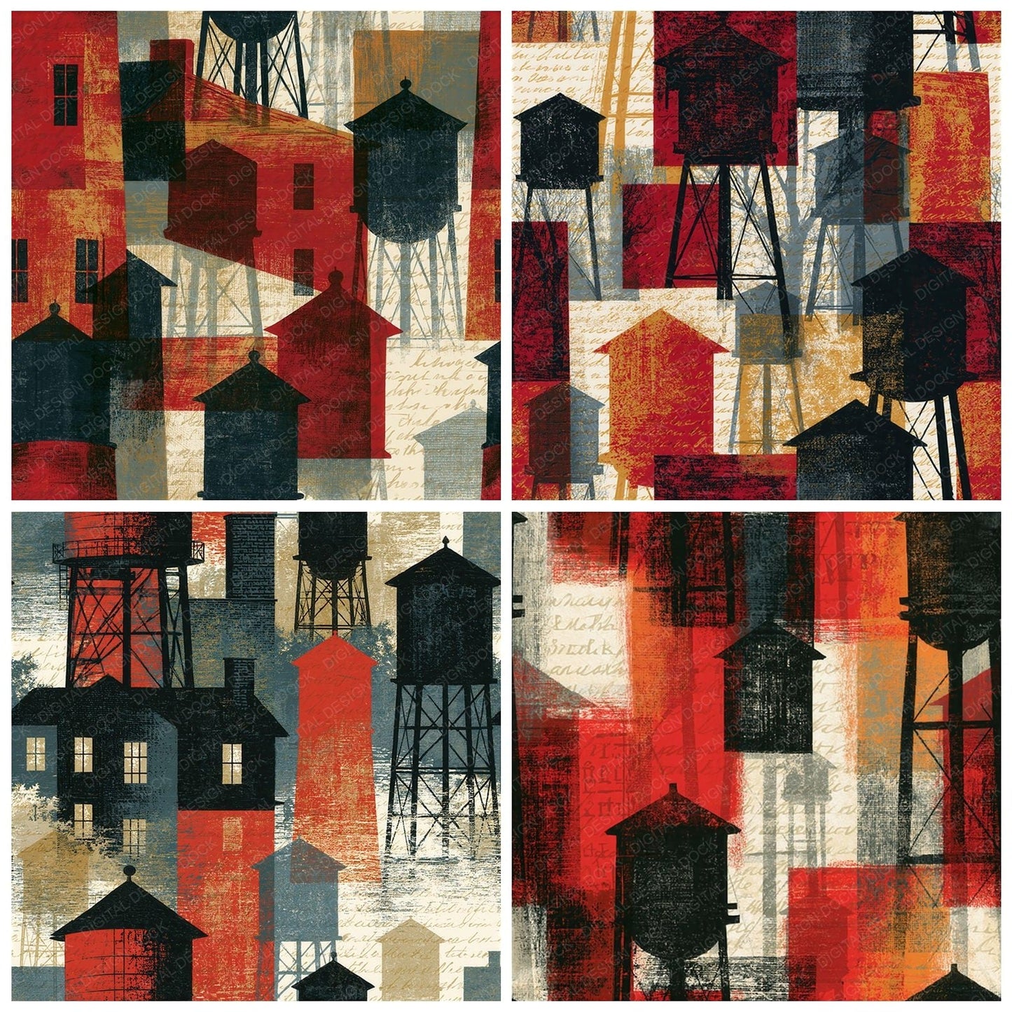 Etching Water Towers Oxblood Seamless Digital Paper Pack (DDD014091)