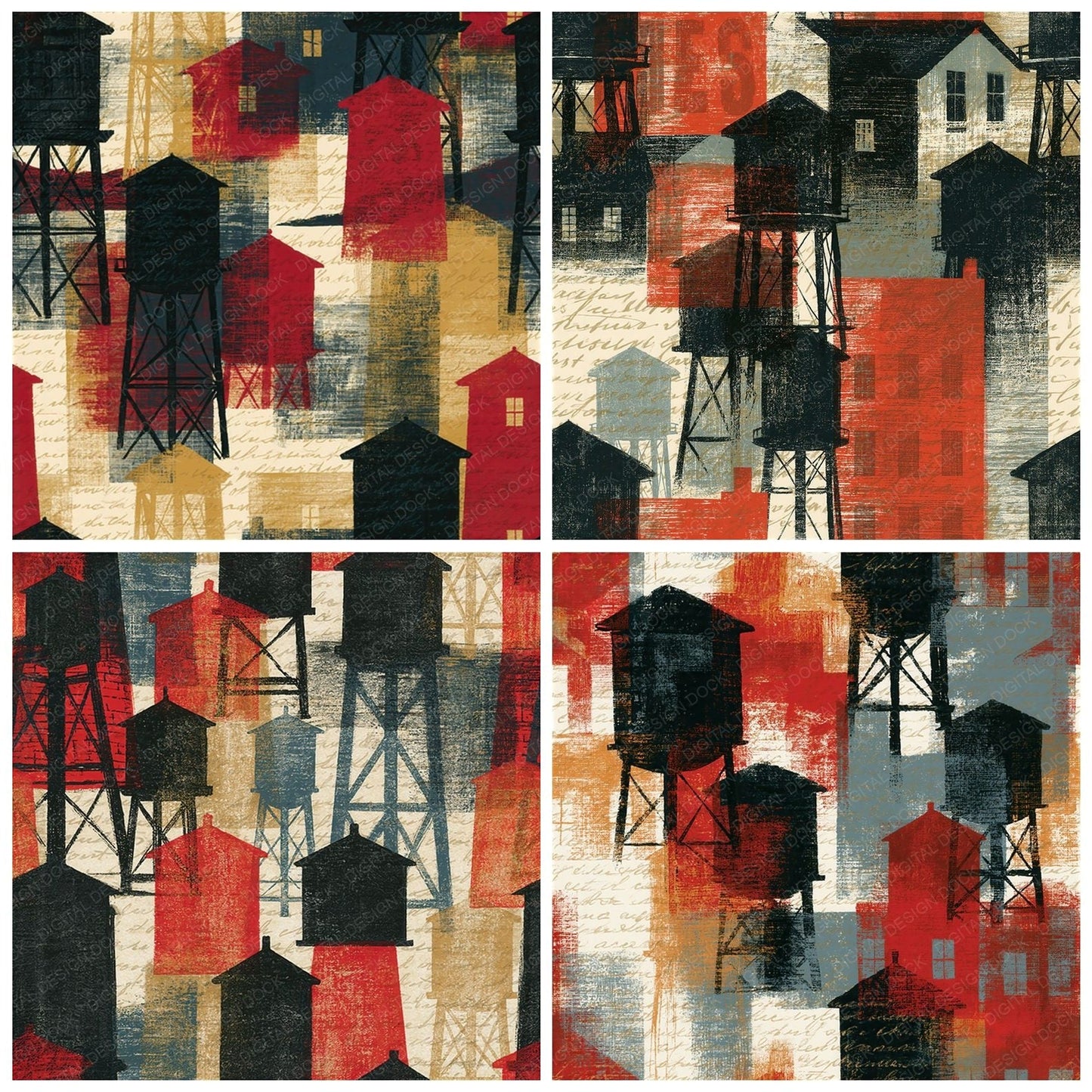 Etching Water Towers Oxblood Seamless Digital Paper Pack (DDD014091)