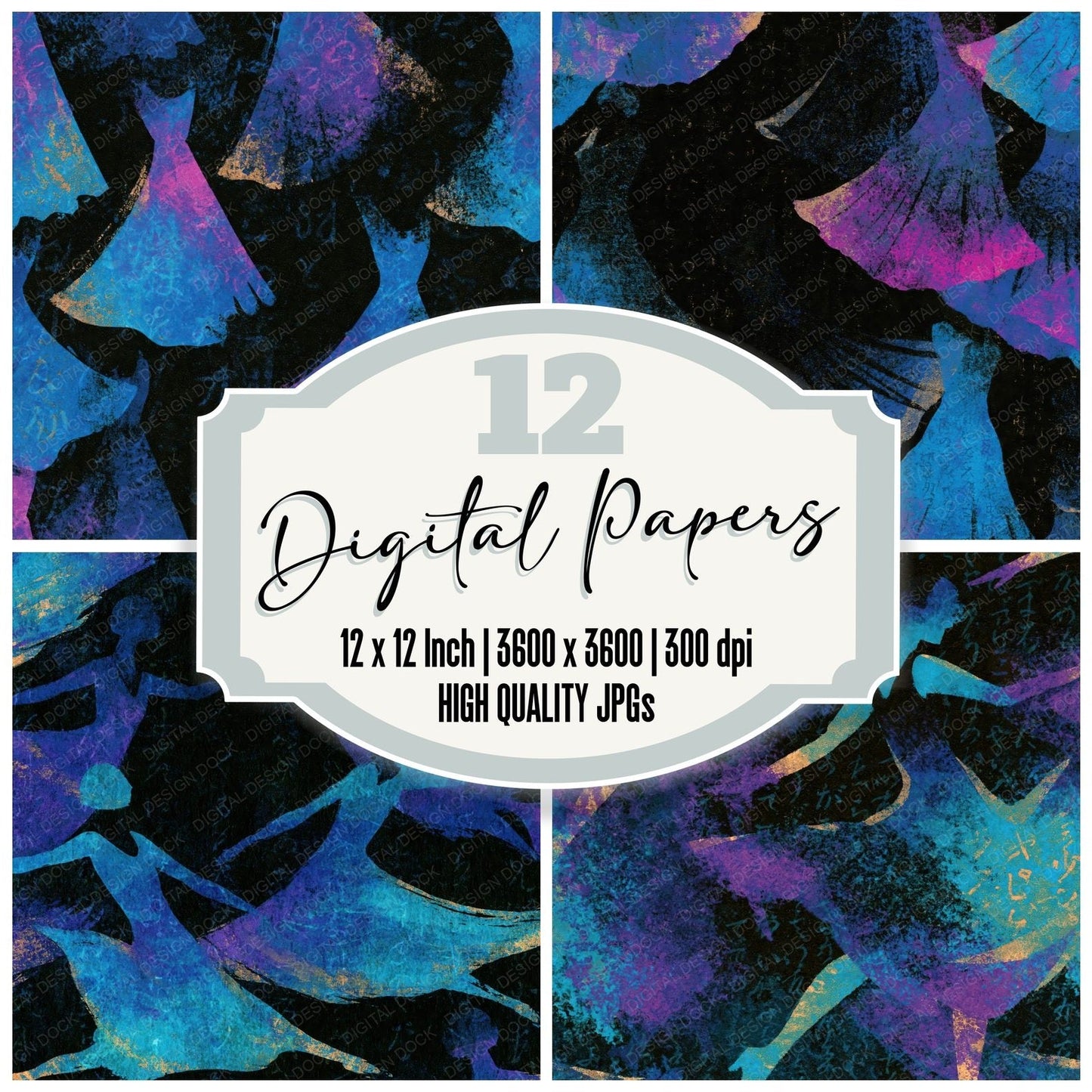 Indian Block Print Flapper Cyan Violet Digital Paper Pack (DDD014093)