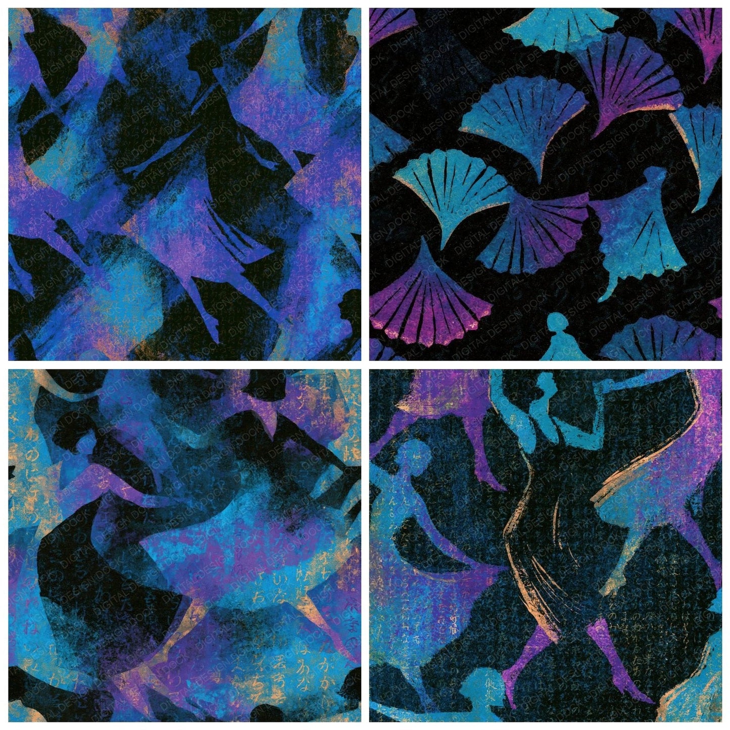 Indian Block Print Flapper Cyan Violet Digital Paper Pack (DDD014093)