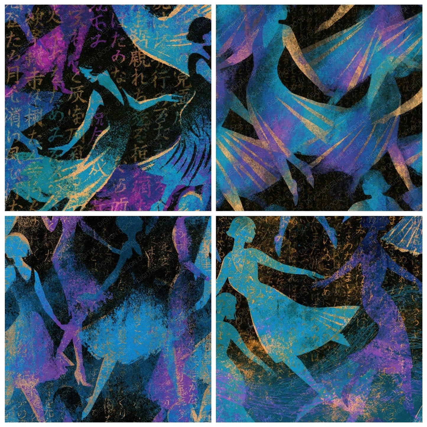 Indian Block Print Flapper Cyan Violet Digital Paper Pack (DDD014093)