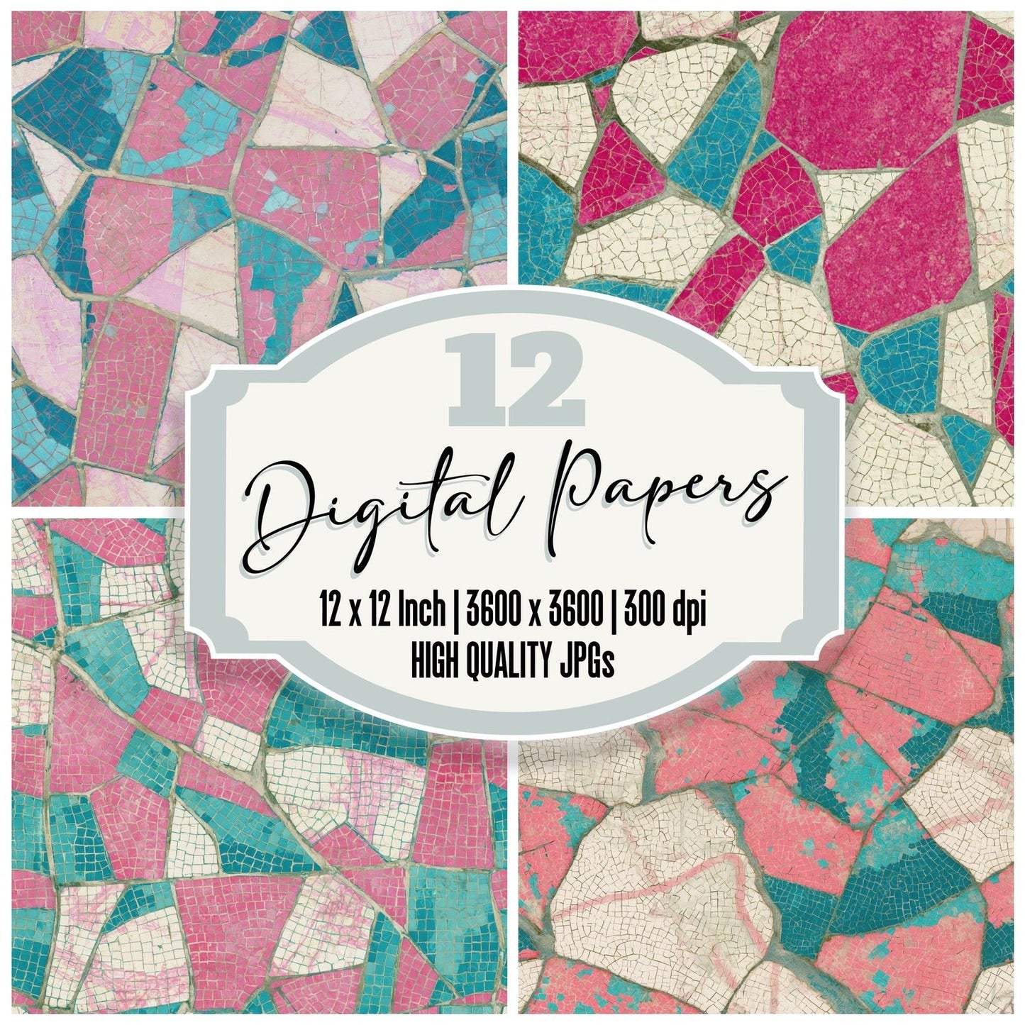 Mosaic Burins Pink Turquoise Digital Paper Pack (DDD014095)