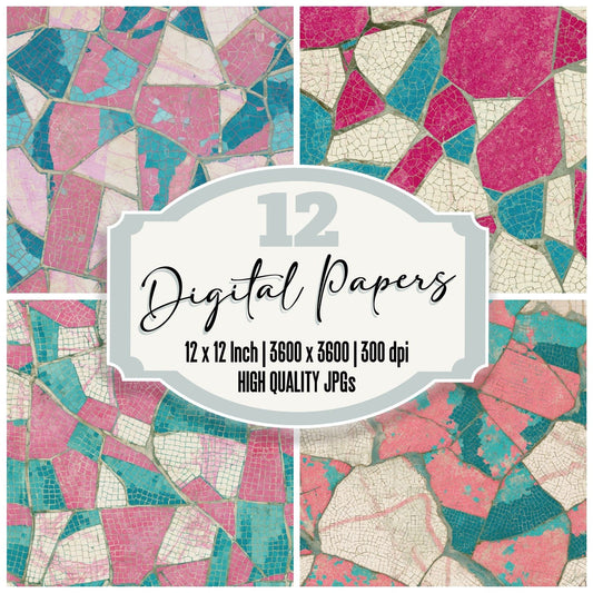 Mosaic Burins Pink Turquoise Digital Paper Pack (DDD014095)