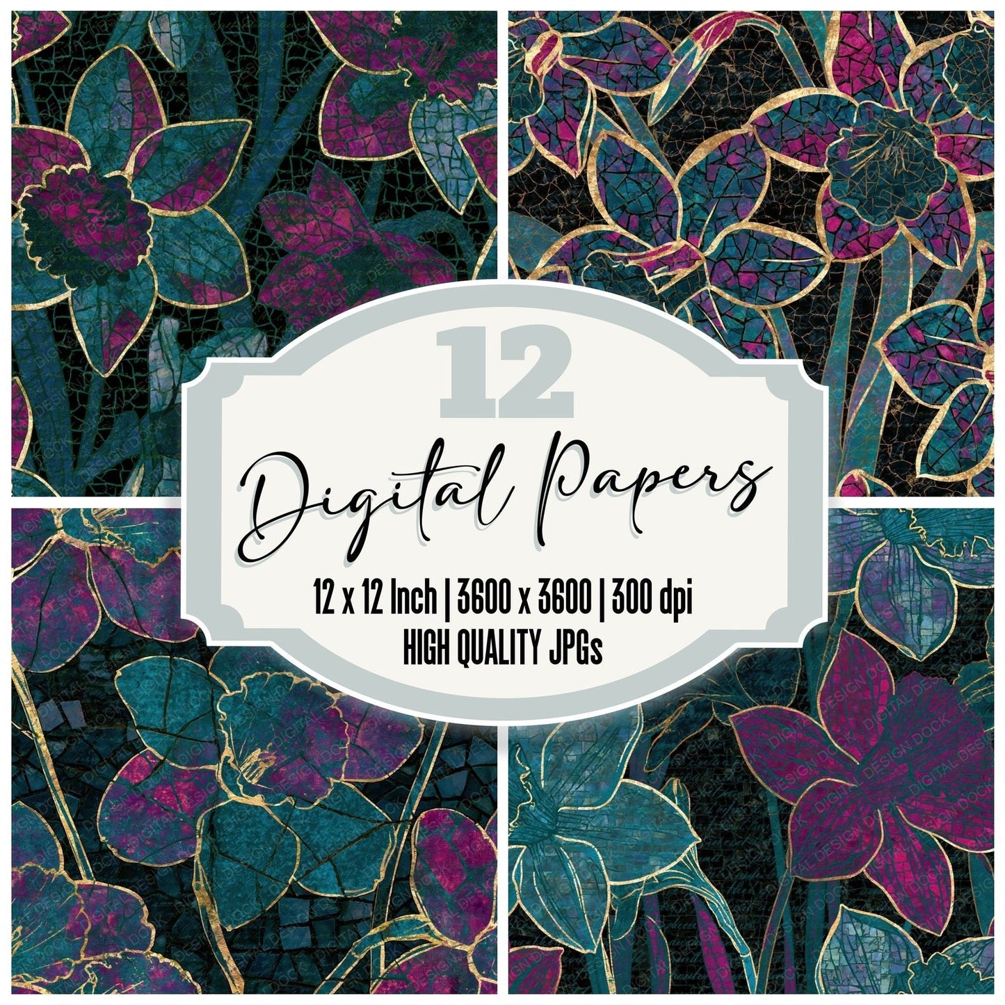 Mosaic Daffodils Teal Magenta Digital Paper Pack (DDD014096)