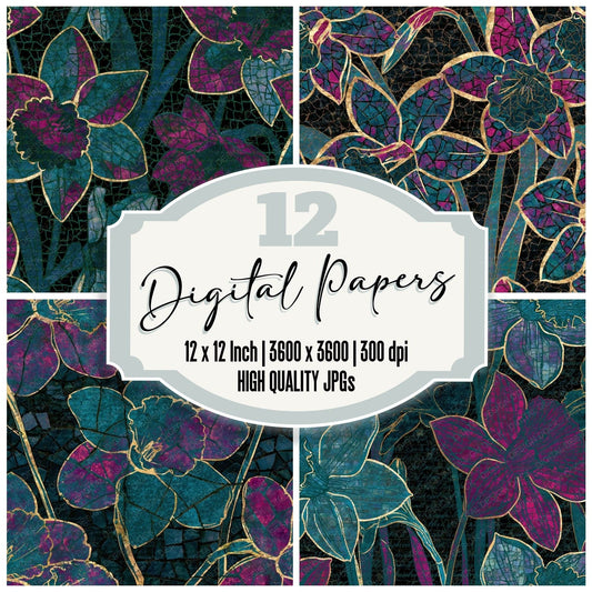 Mosaic Daffodils Teal Magenta Digital Paper Pack (DDD014096)