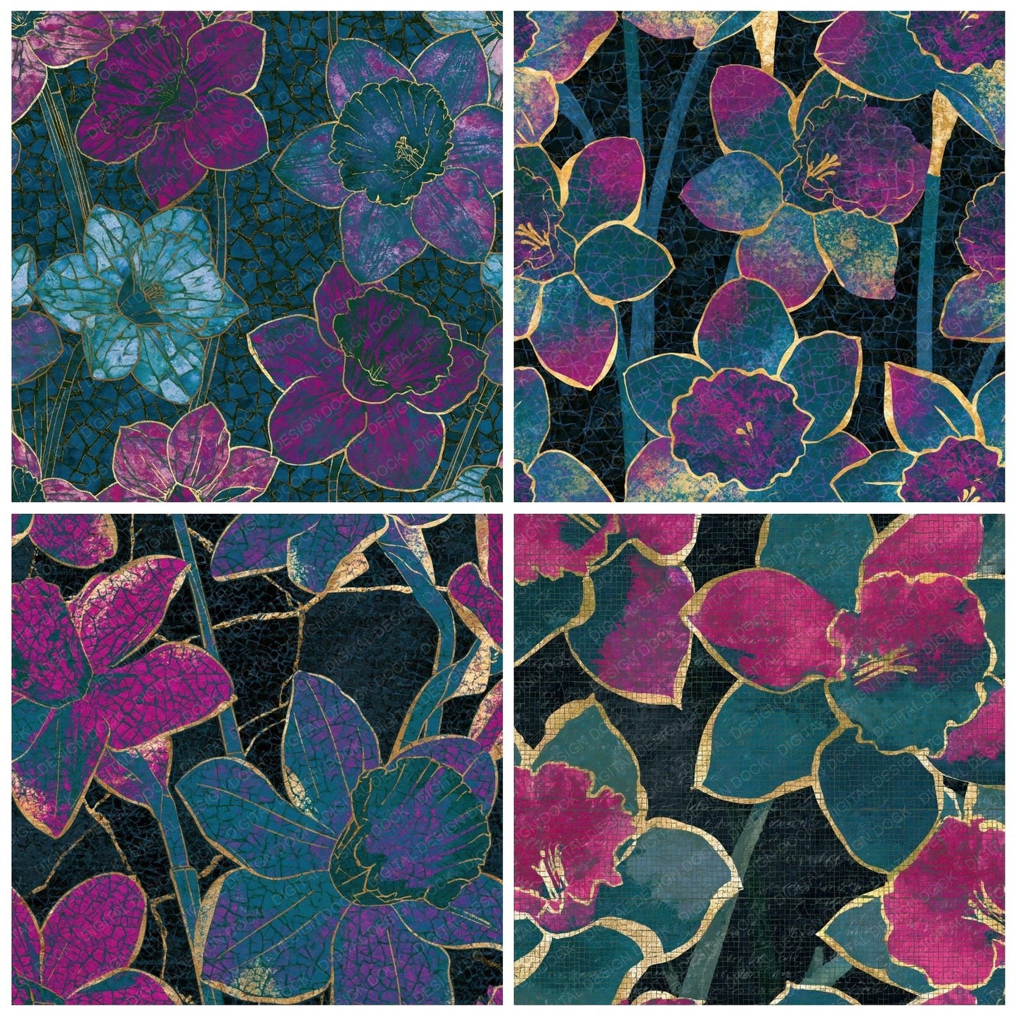 Mosaic Daffodils Teal Magenta Digital Paper Pack (DDD014096)