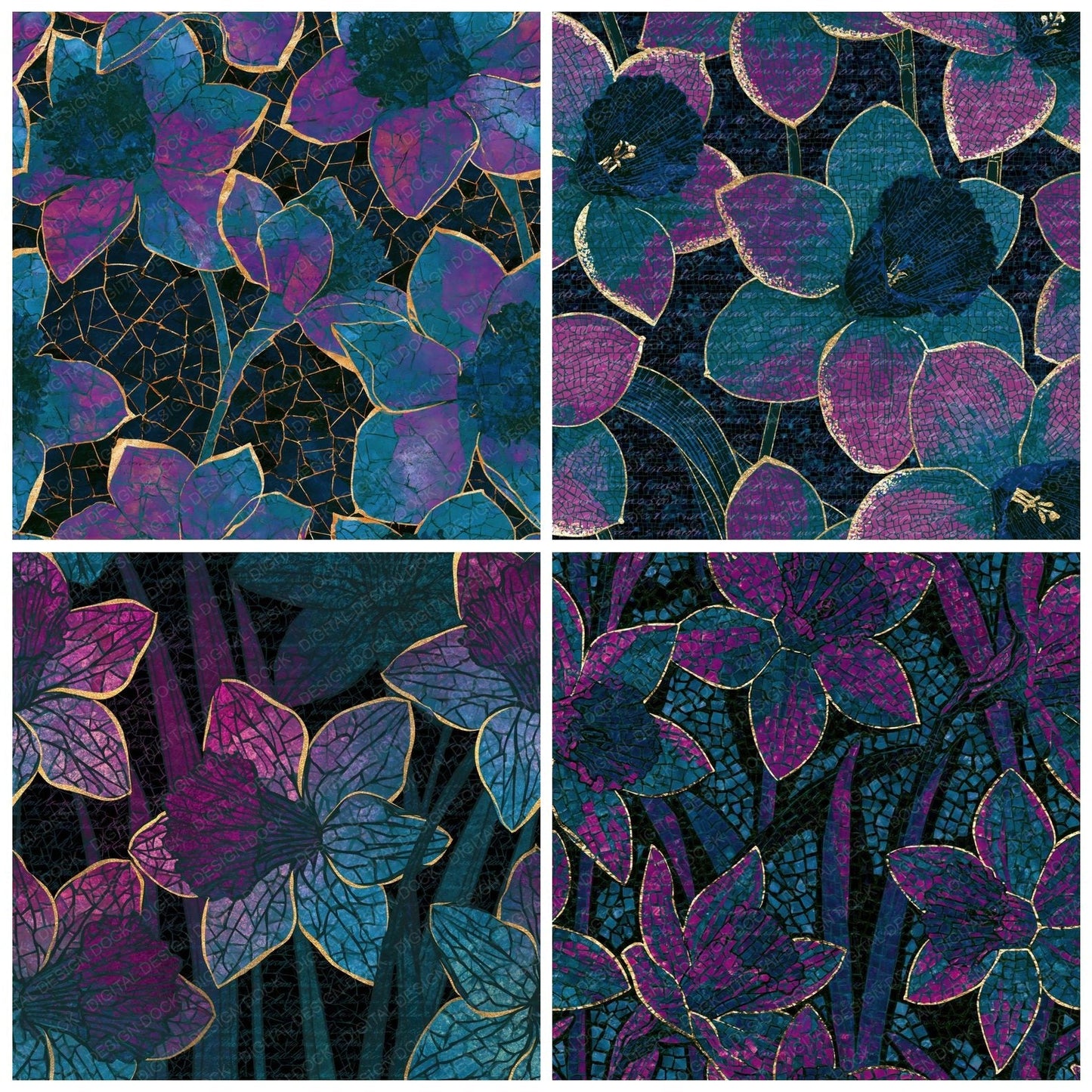 Mosaic Daffodils Teal Magenta Digital Paper Pack (DDD014096)