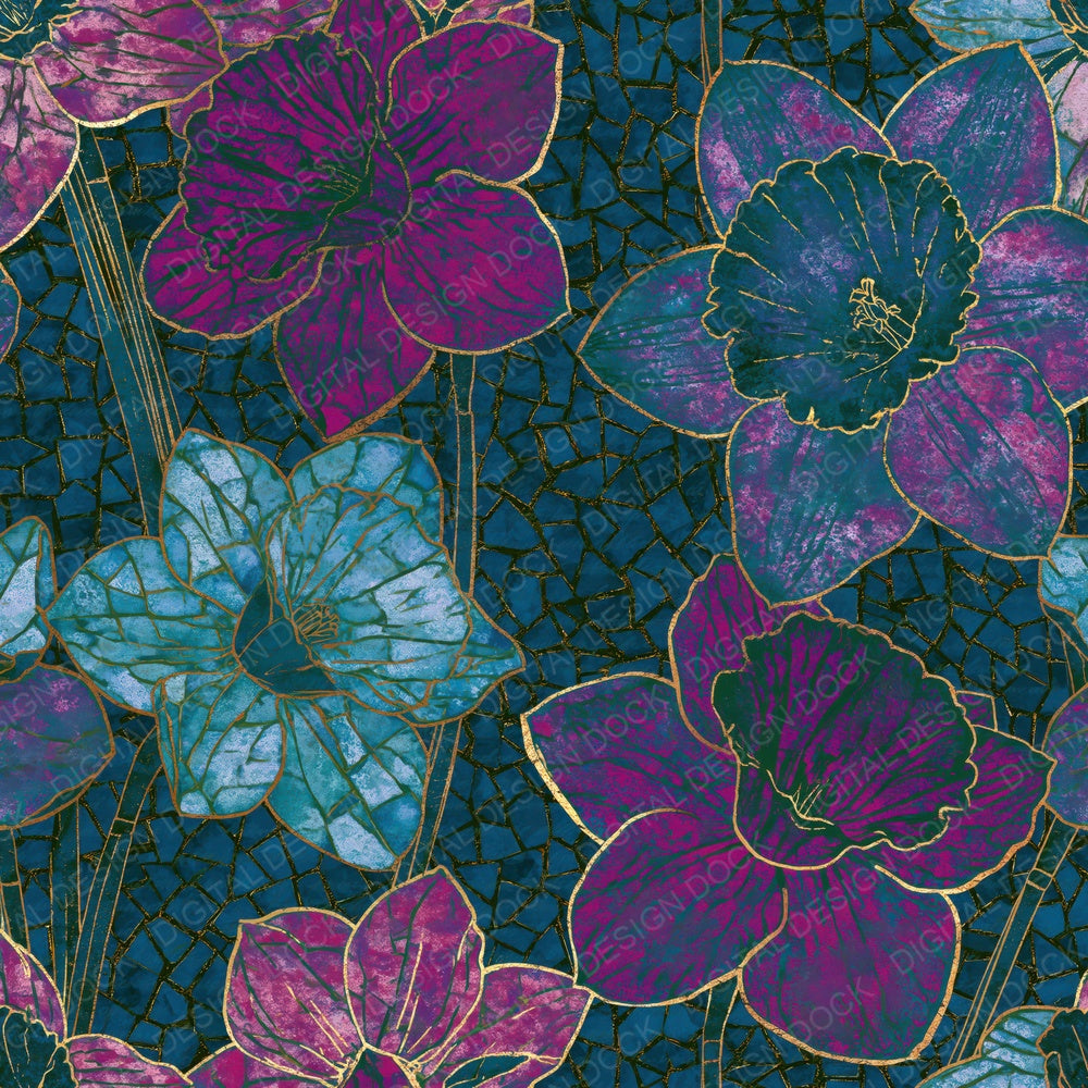 Mosaic Daffodils Teal Magenta Digital Paper Pack (DDD014096)