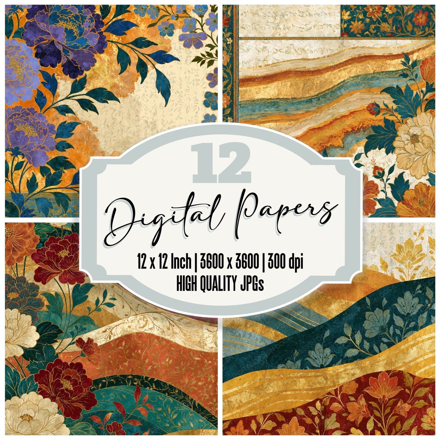 Mughal Jewel Toned Mint Gold Tonal Digital Paper Pack (DDD014097)