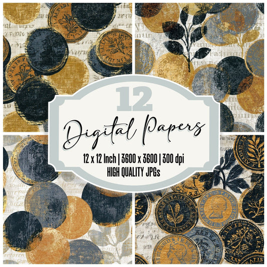 Woodcut Foreign Coins Thunder Brass Seamless Digital Paper Pack (DDD014103)