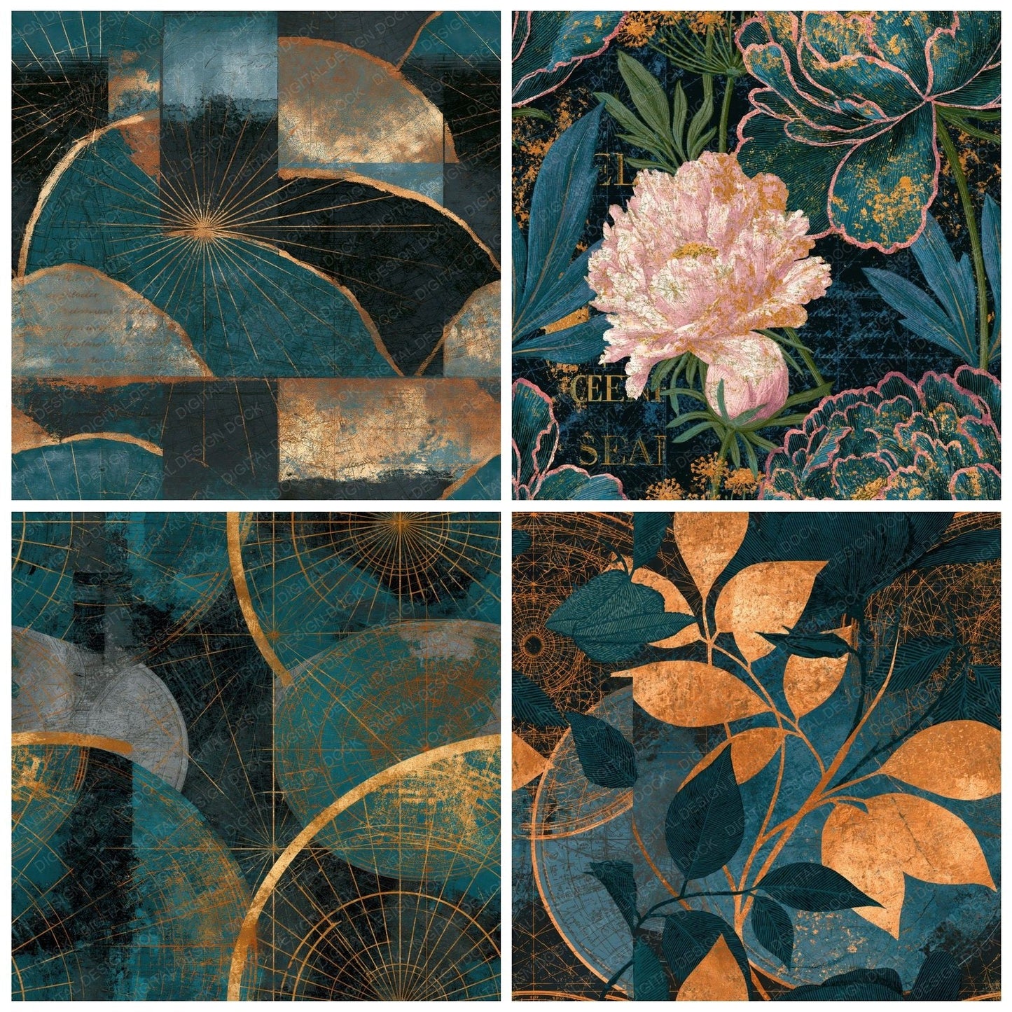 Antique Charts Teal Brass Seamless Digital Paper Pack (DDD014105)