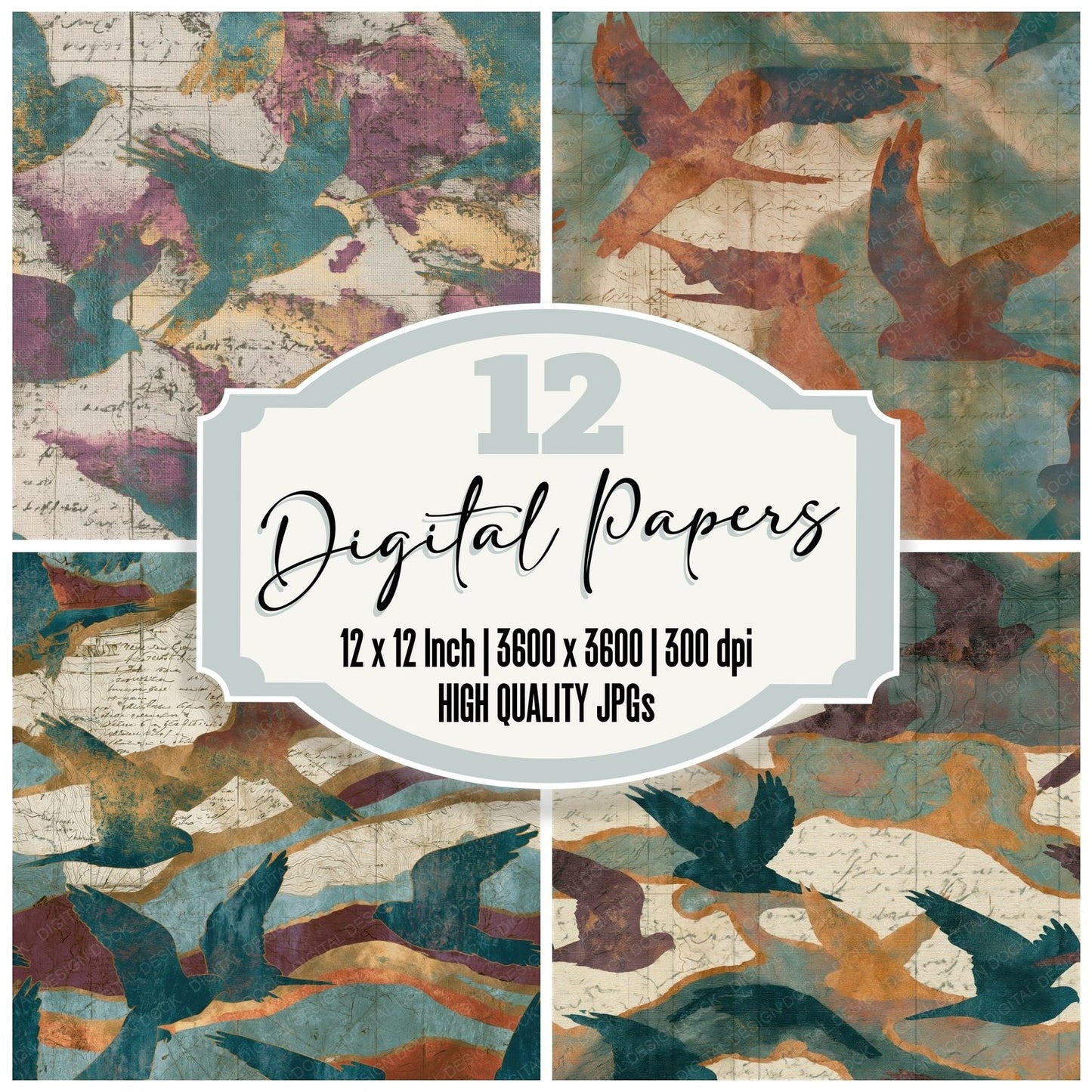 Antique Map Kestrel Ochre Plum Seamless Digital Paper Pack (DDD014106)