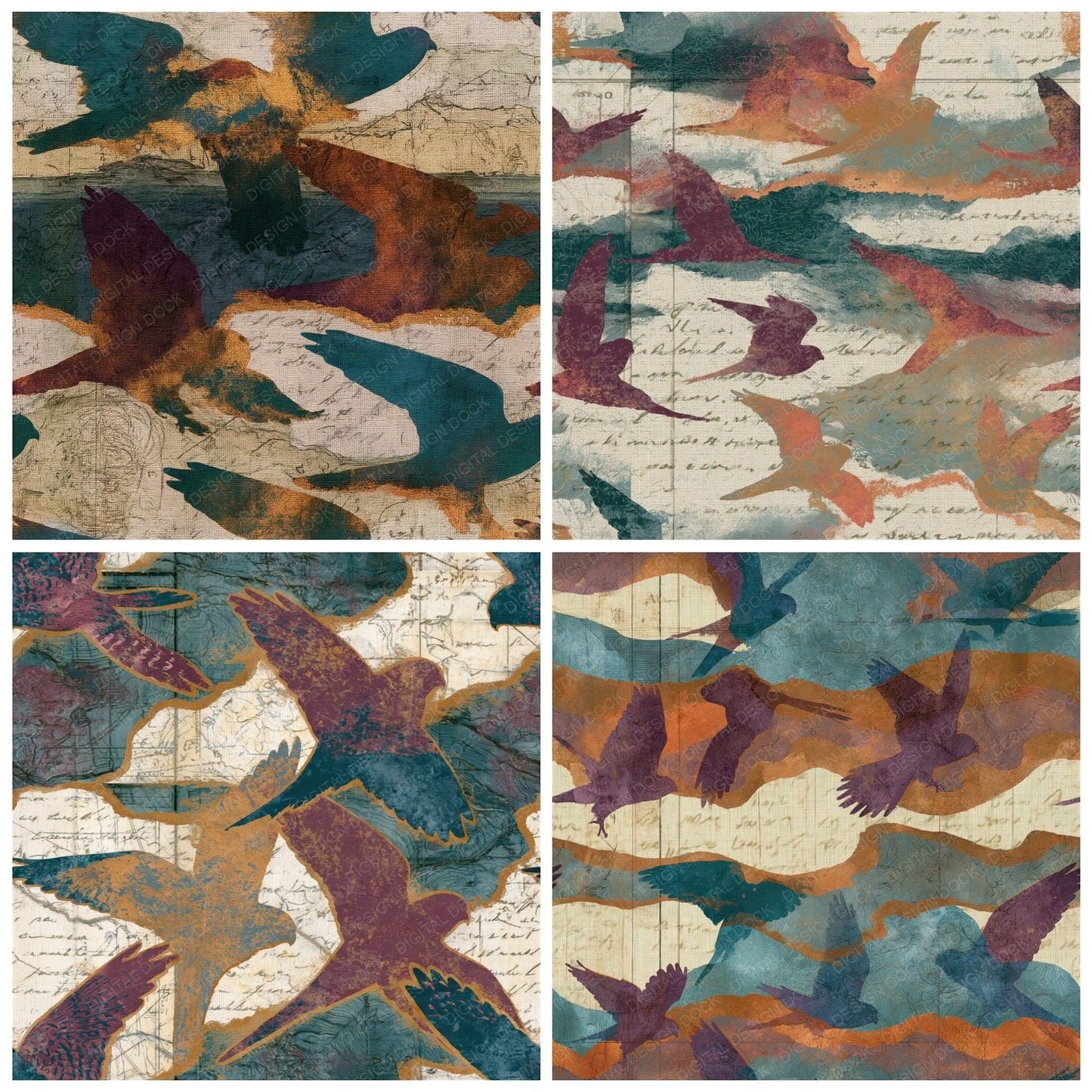 Antique Map Kestrel Ochre Plum Seamless Digital Paper Pack (DDD014106)