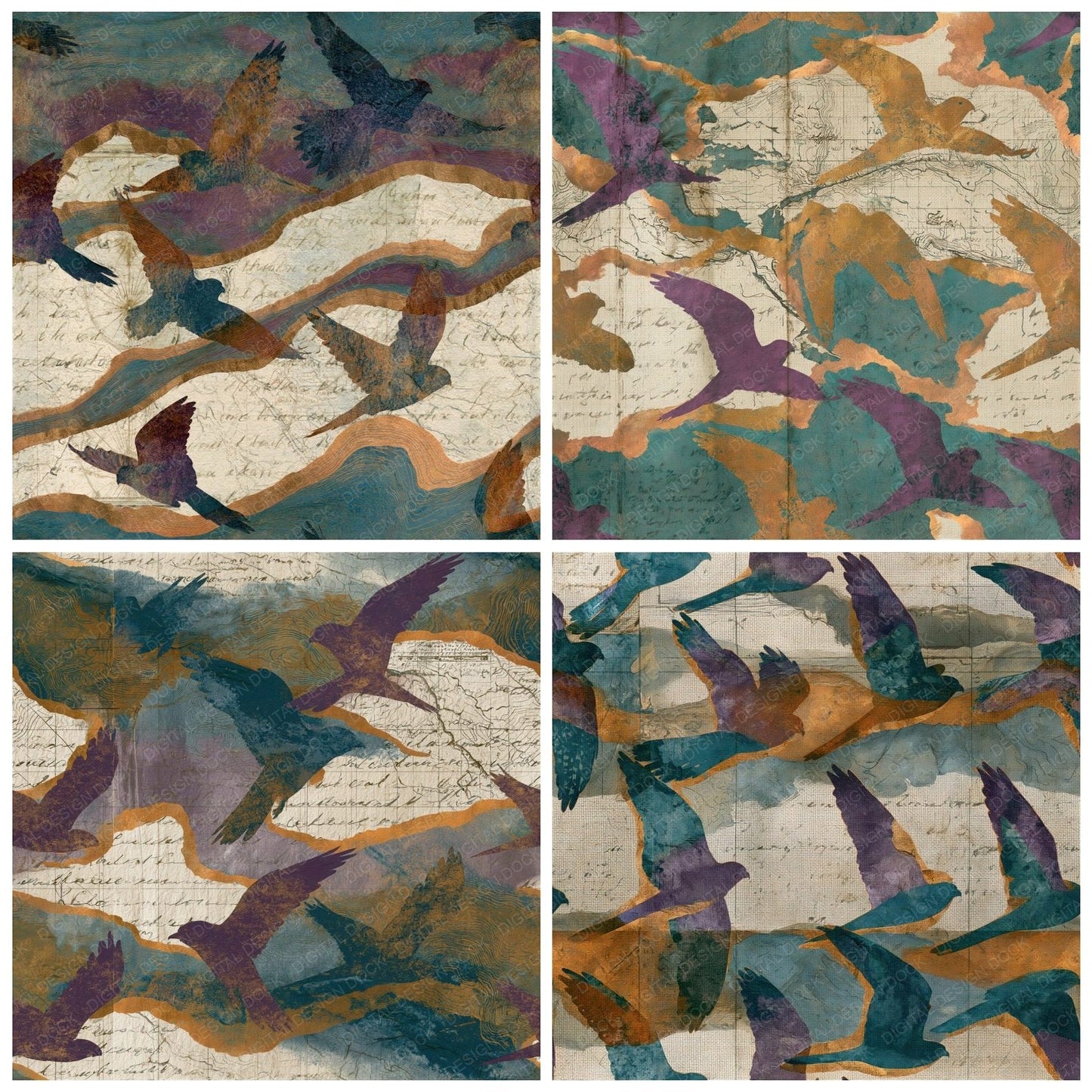 Antique Map Kestrel Ochre Plum Seamless Digital Paper Pack (DDD014106)
