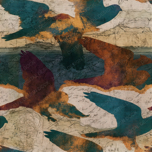 Antique Map Kestrel Ochre Plum Seamless Digital Paper Pack (DDD014106)