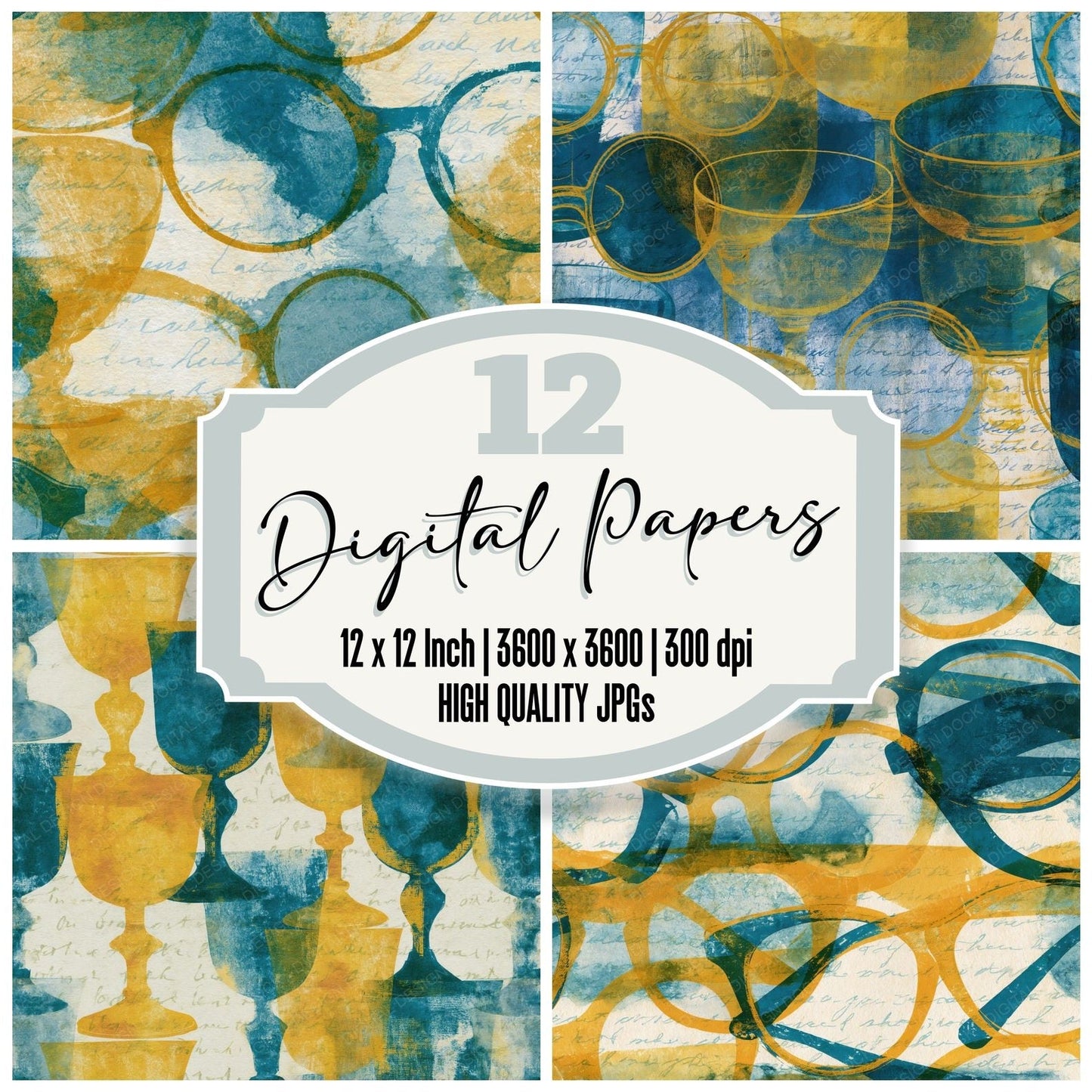 Cyanotype Old Fashioned Glasses Mustard Teal Digital Paper Pack (DDD014108)