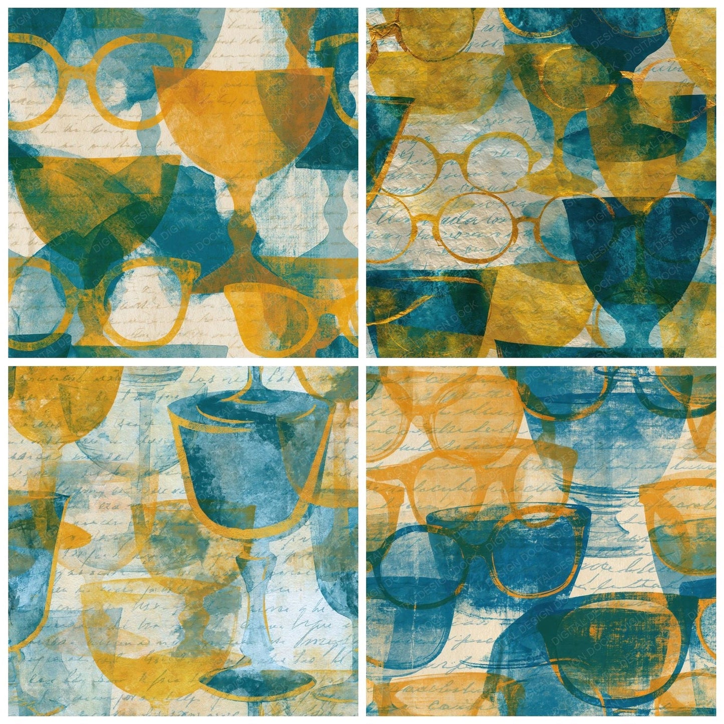 Cyanotype Old Fashioned Glasses Mustard Teal Digital Paper Pack (DDD014108)
