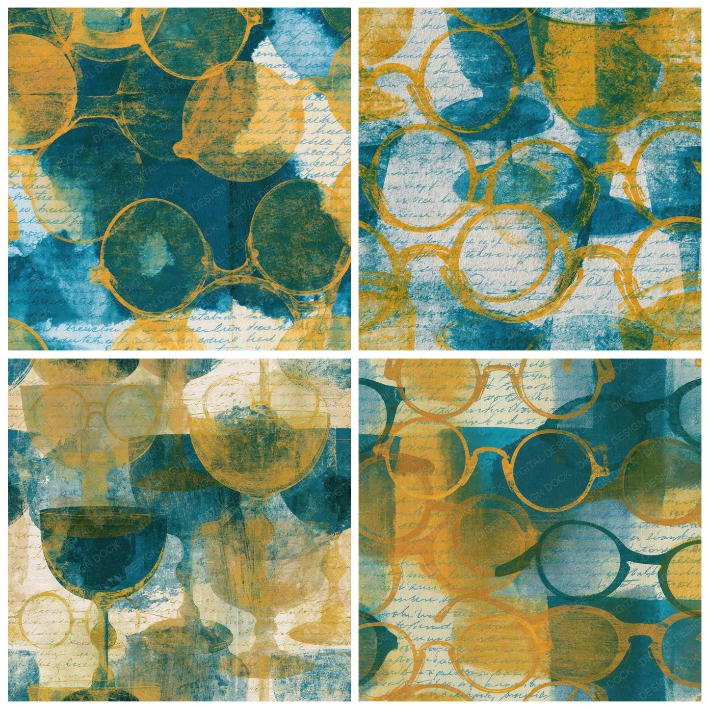 Cyanotype Old Fashioned Glasses Mustard Teal Digital Paper Pack (DDD014108)