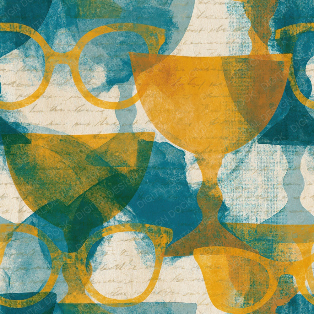 Cyanotype Old Fashioned Glasses Mustard Teal Digital Paper Pack (DDD014108)