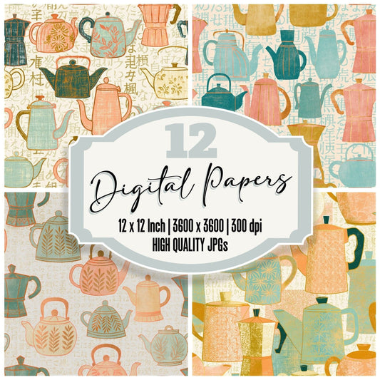 Folk Art Coffee Pots Peach Mint Seamless Digital Paper Pack (DDD014110)
