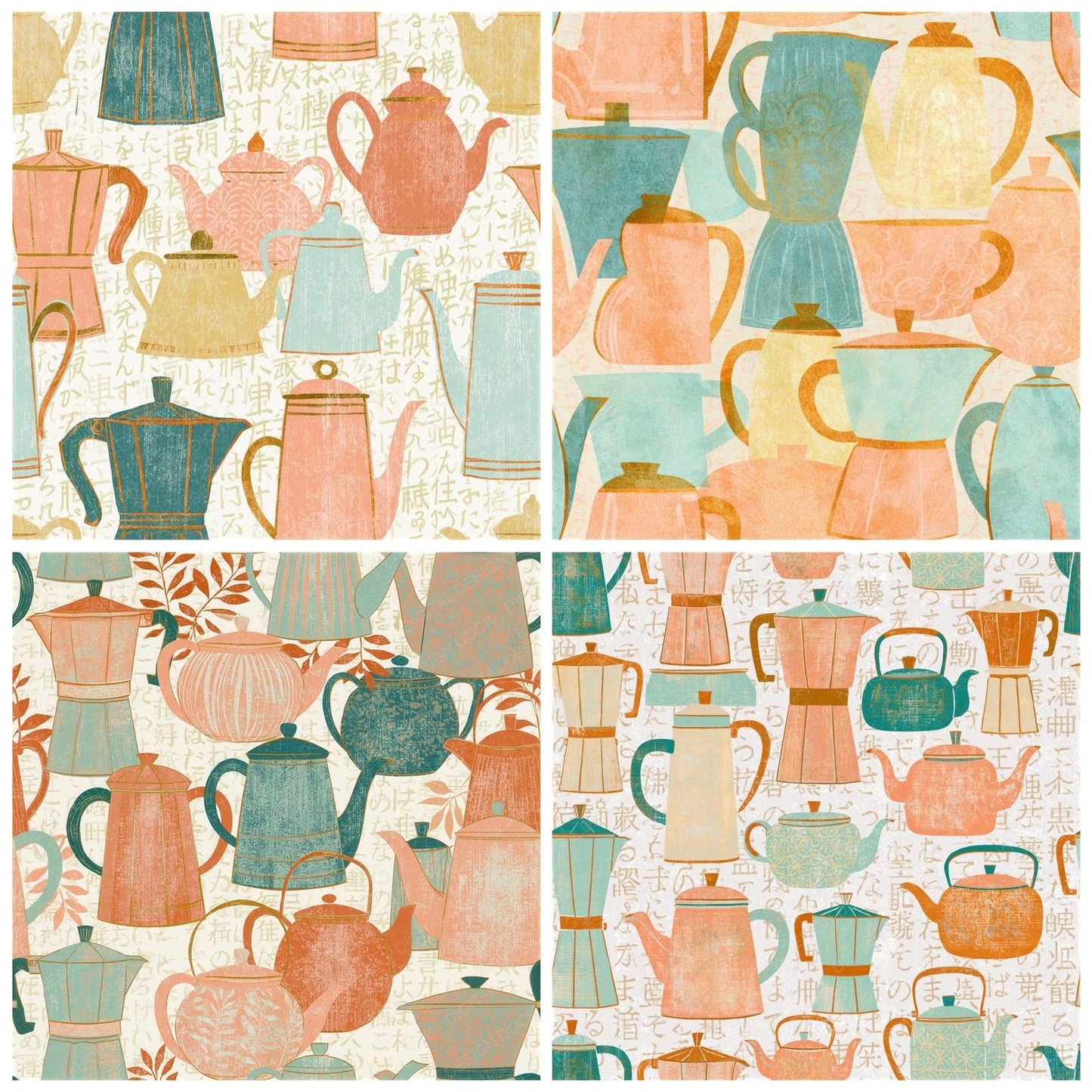 Folk Art Coffee Pots Peach Mint Seamless Digital Paper Pack (DDD014110)