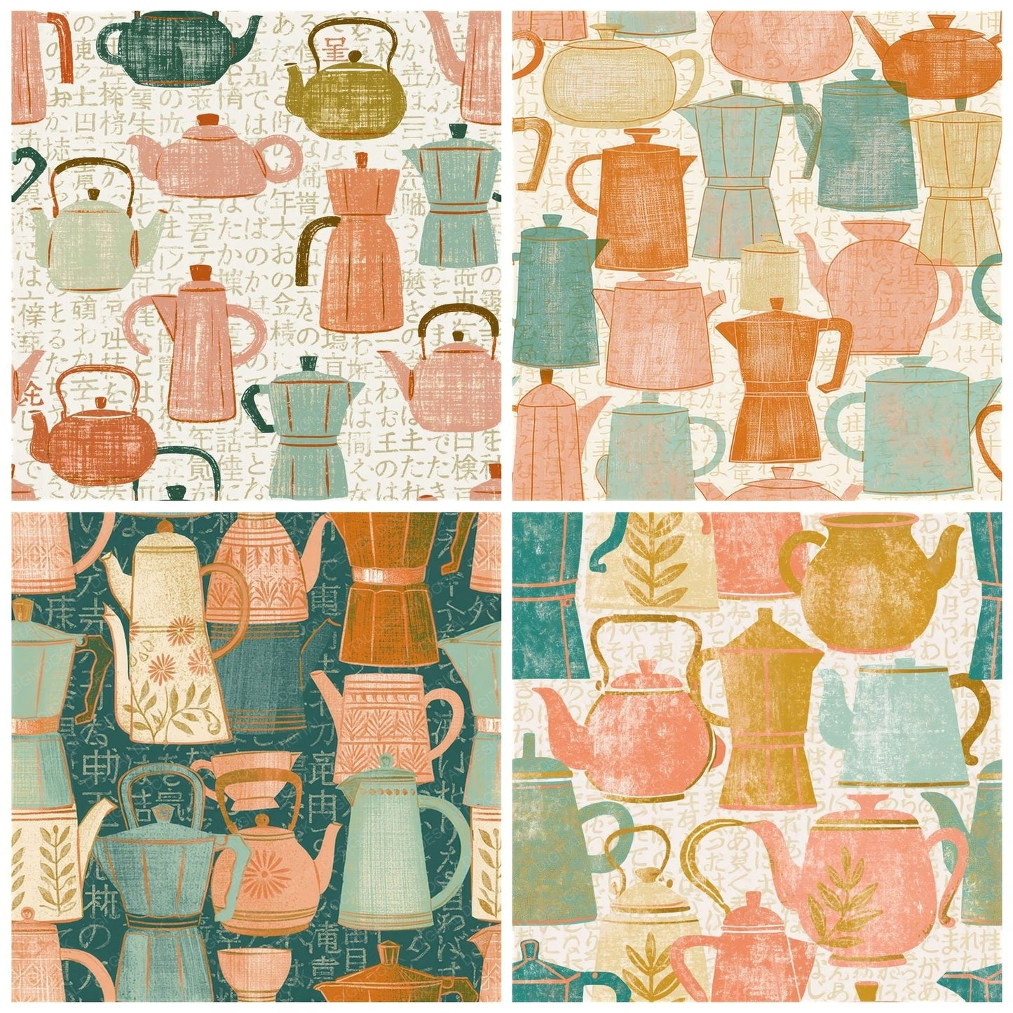 Folk Art Coffee Pots Peach Mint Seamless Digital Paper Pack (DDD014110)