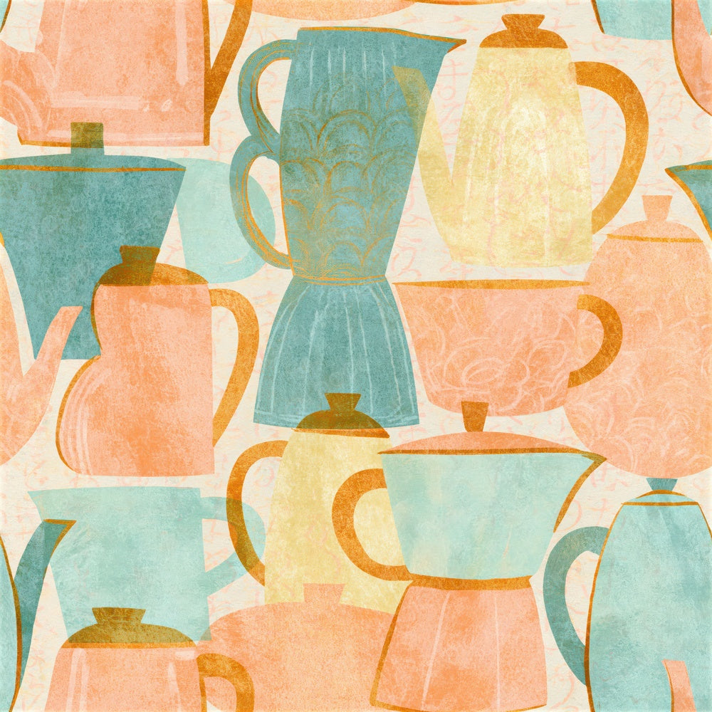 Folk Art Coffee Pots Peach Mint Seamless Digital Paper Pack (DDD014110)