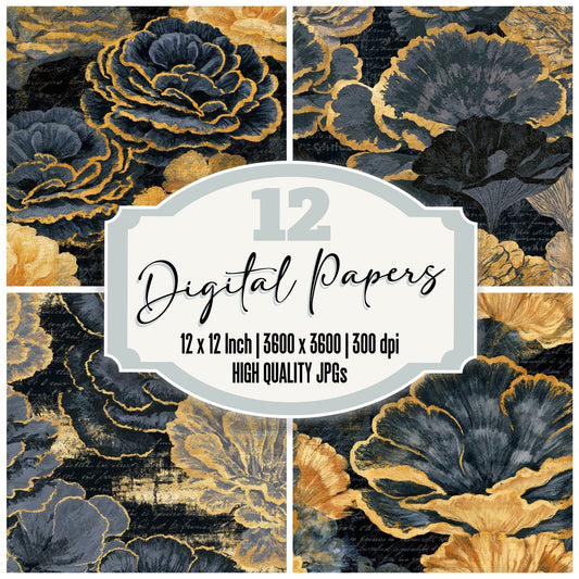 Gouache Chicken Woods Charcoal Gold Digital Paper Pack (DDD014112)