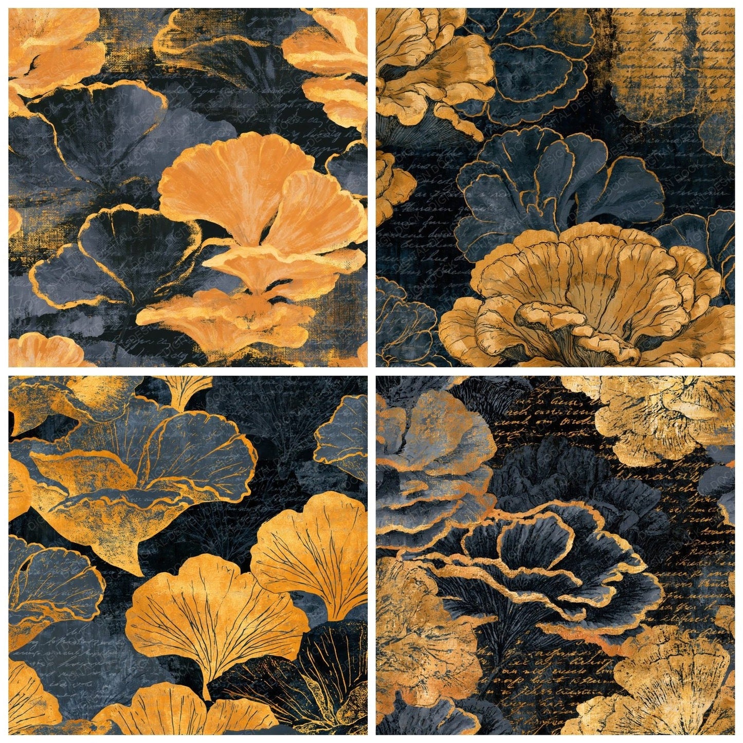 Gouache Chicken Woods Charcoal Gold Digital Paper Pack (DDD014112)