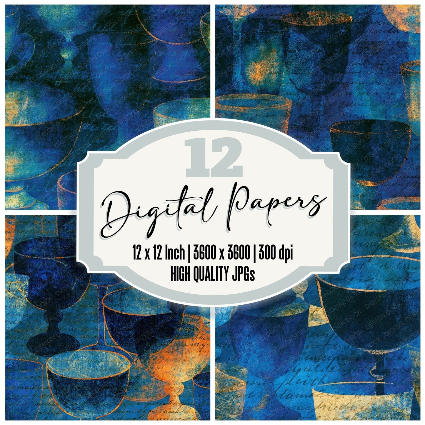 Infrared Tarot Cups Electric Blue Navy Digital Paper Pack (DDD014115)