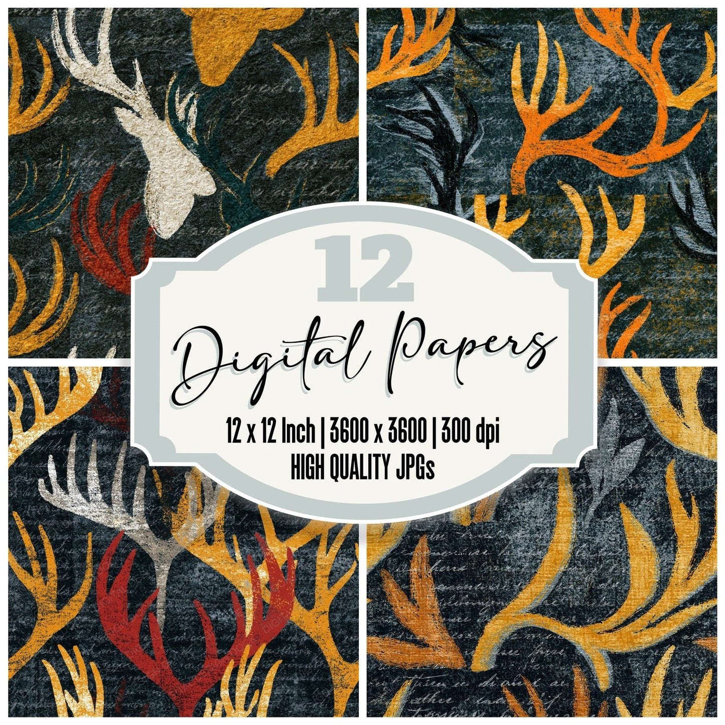 Lithograph Antlers Forest Saffron Seamless Digital Paper Pack (DDD014116)