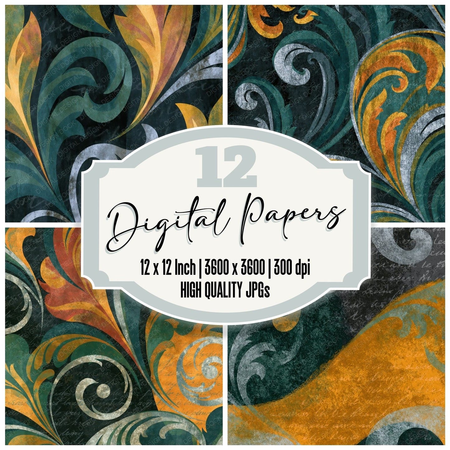 Rococo Forest Saffron Abstract Digital Paper Pack (DDD014122)