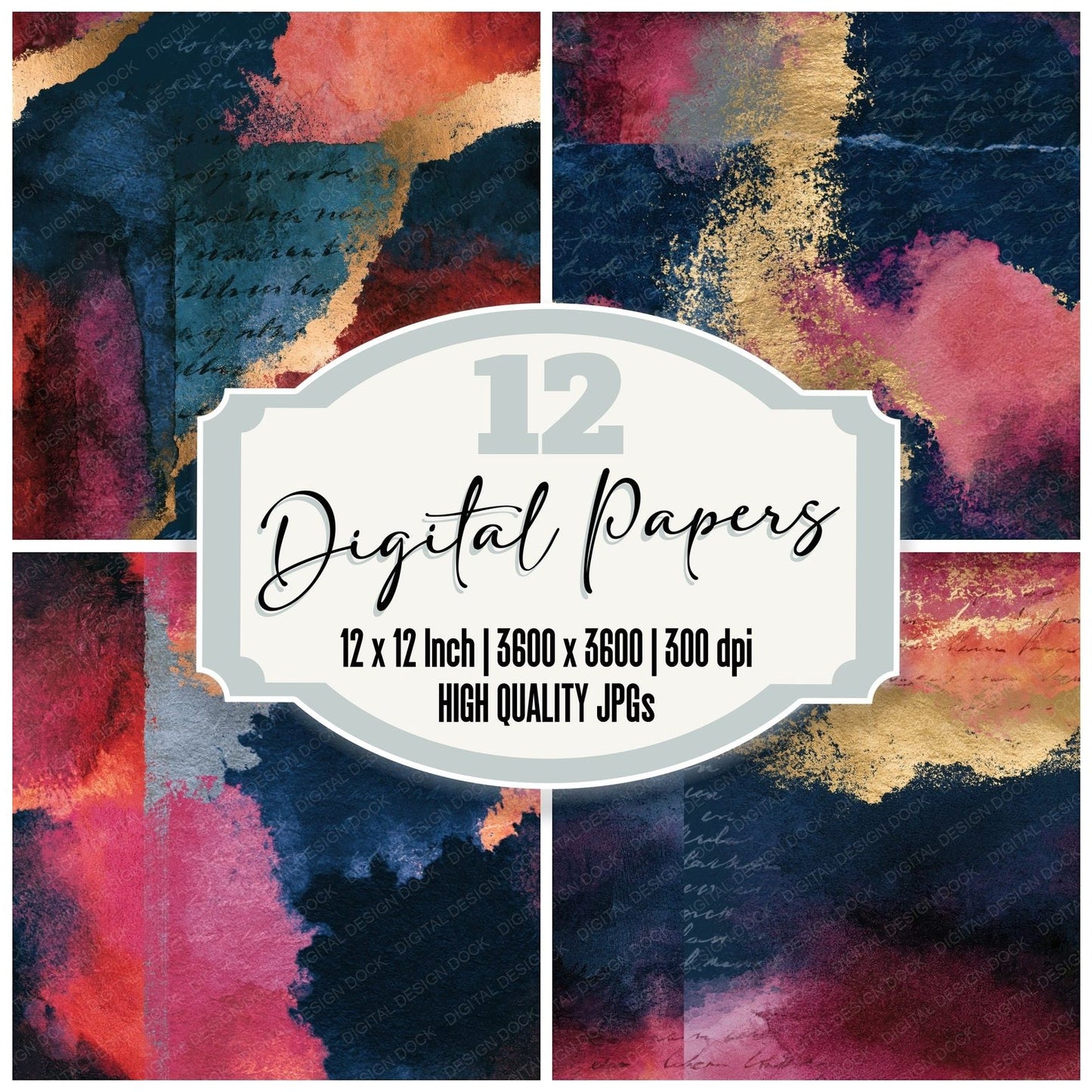 Watercolour Rose Wine Navy Abstract Seamless Digital Paper Pack (DDD014123)