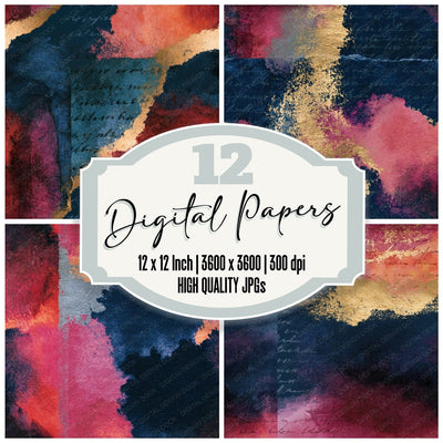 Watercolour Rose Wine Navy Abstract Seamless Digital Paper Pack (DDD014123)