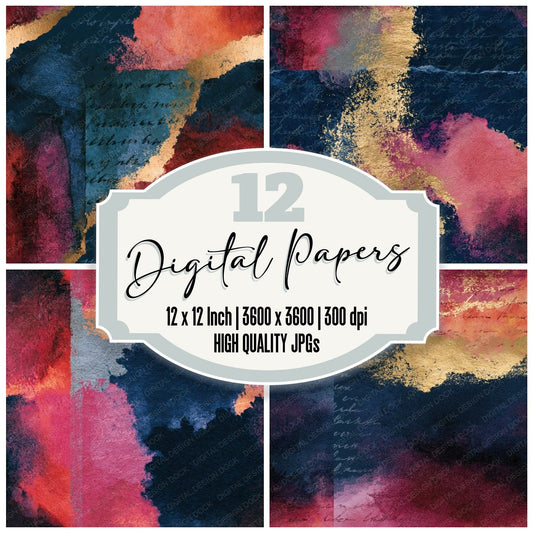 Watercolour Rose Wine Navy Abstract Seamless Digital Paper Pack (DDD014123)