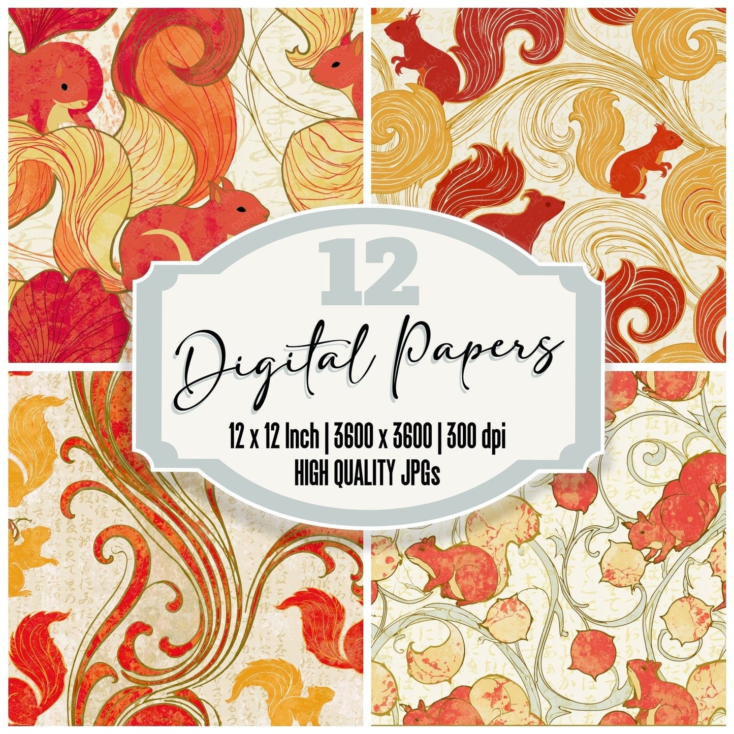 Art Nouveau Red Squirrels Lemon Digital Paper Pack (DDD014125)