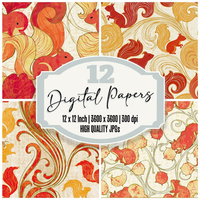 Art Nouveau Red Squirrels Lemon Digital Paper Pack (DDD014125)