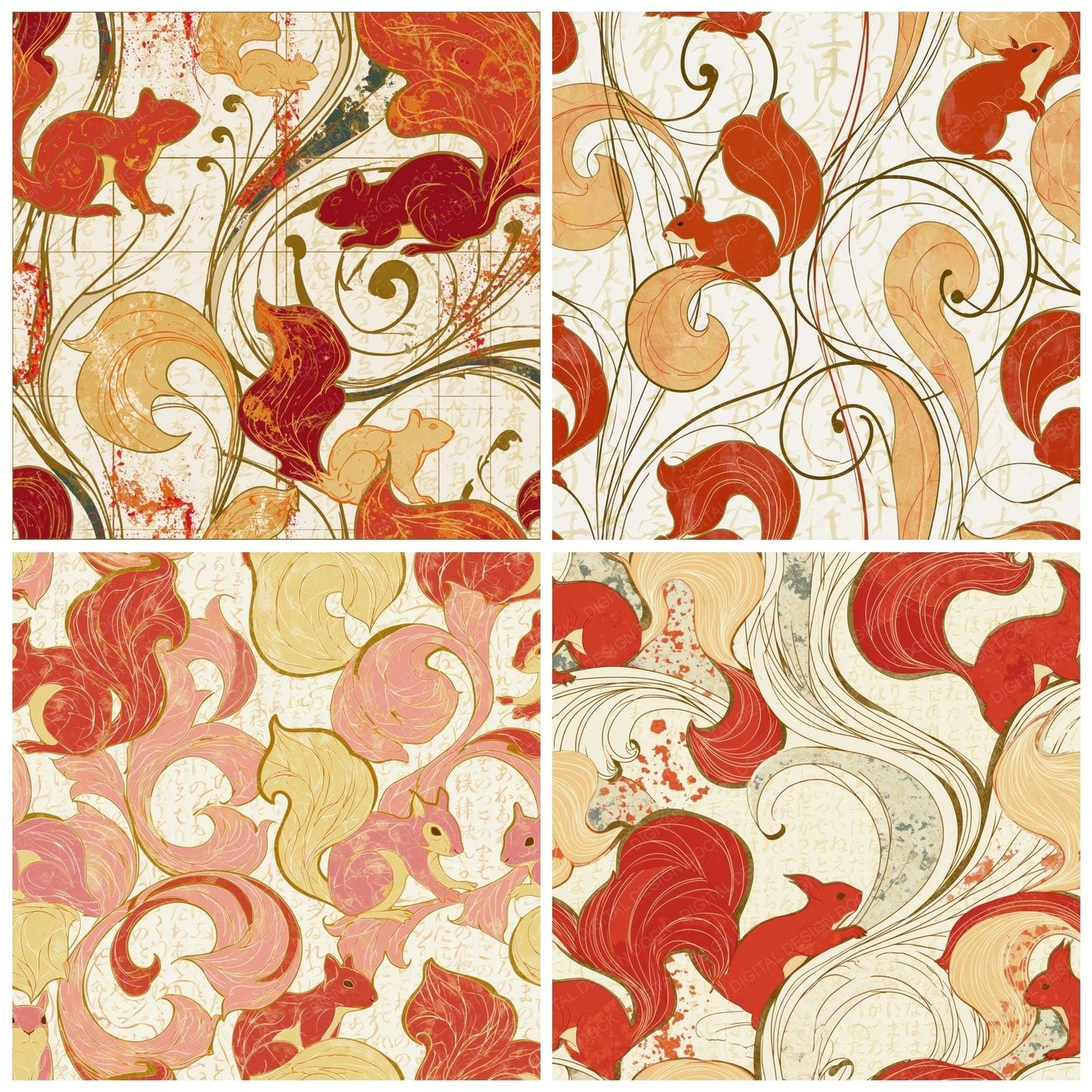 Art Nouveau Red Squirrels Lemon Digital Paper Pack (DDD014125)