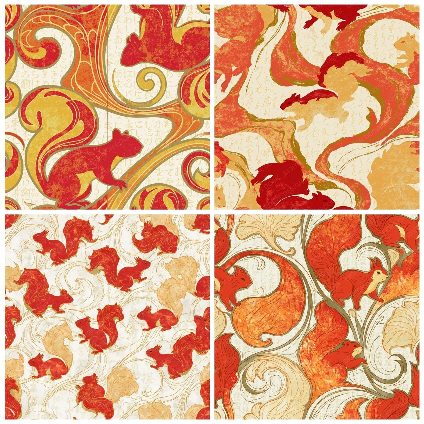 Art Nouveau Red Squirrels Lemon Digital Paper Pack (DDD014125)