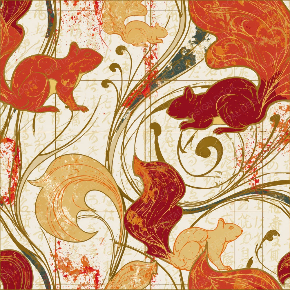 Art Nouveau Red Squirrels Lemon Digital Paper Pack (DDD014125)