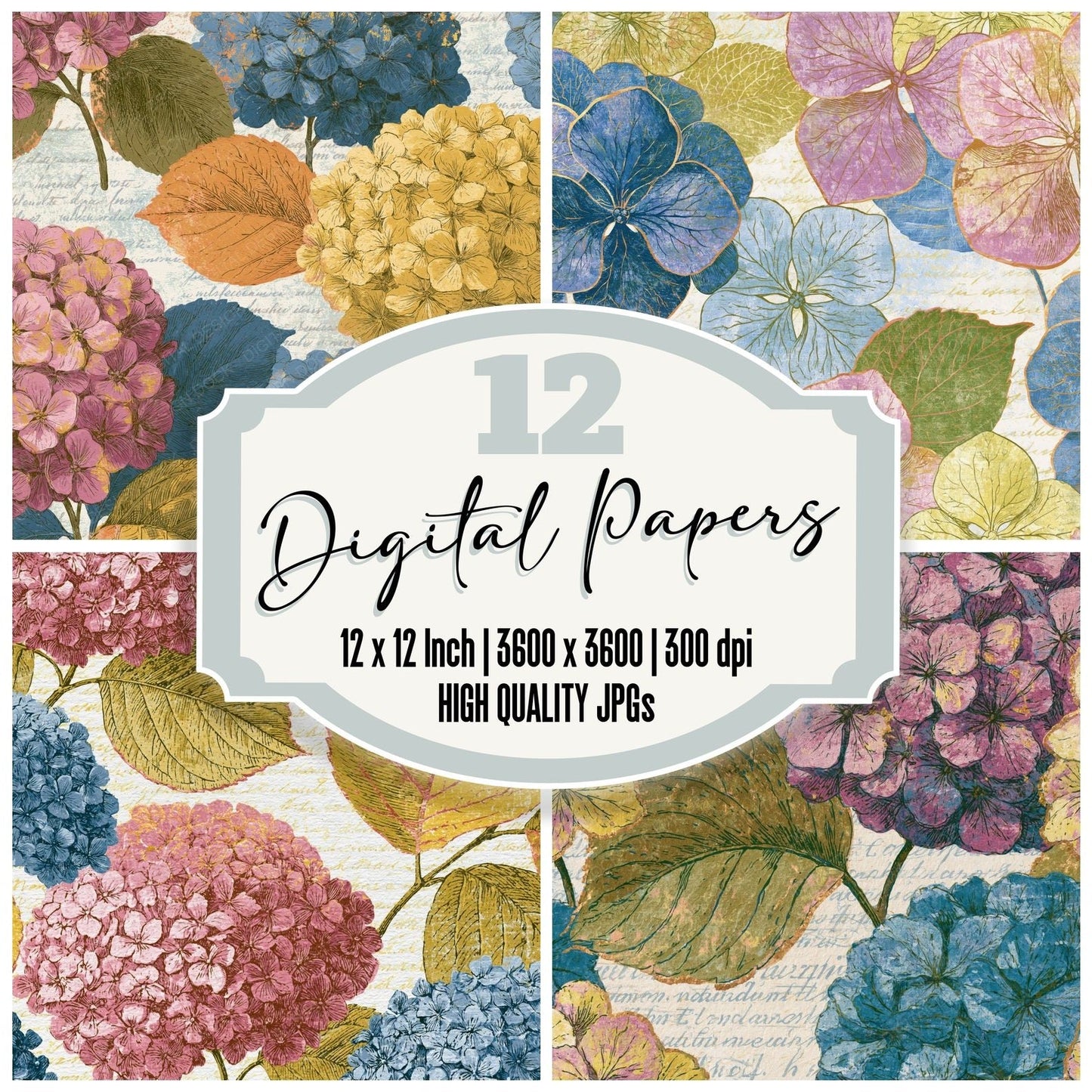 Etching Hydrangeas Pink Blue Ivory Digital Paper Pack (DDD014129)