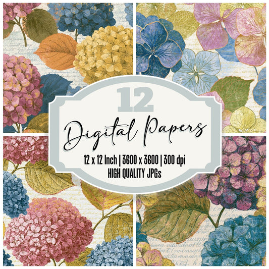 Etching Hydrangeas Pink Blue Ivory Digital Paper Pack (DDD014129)