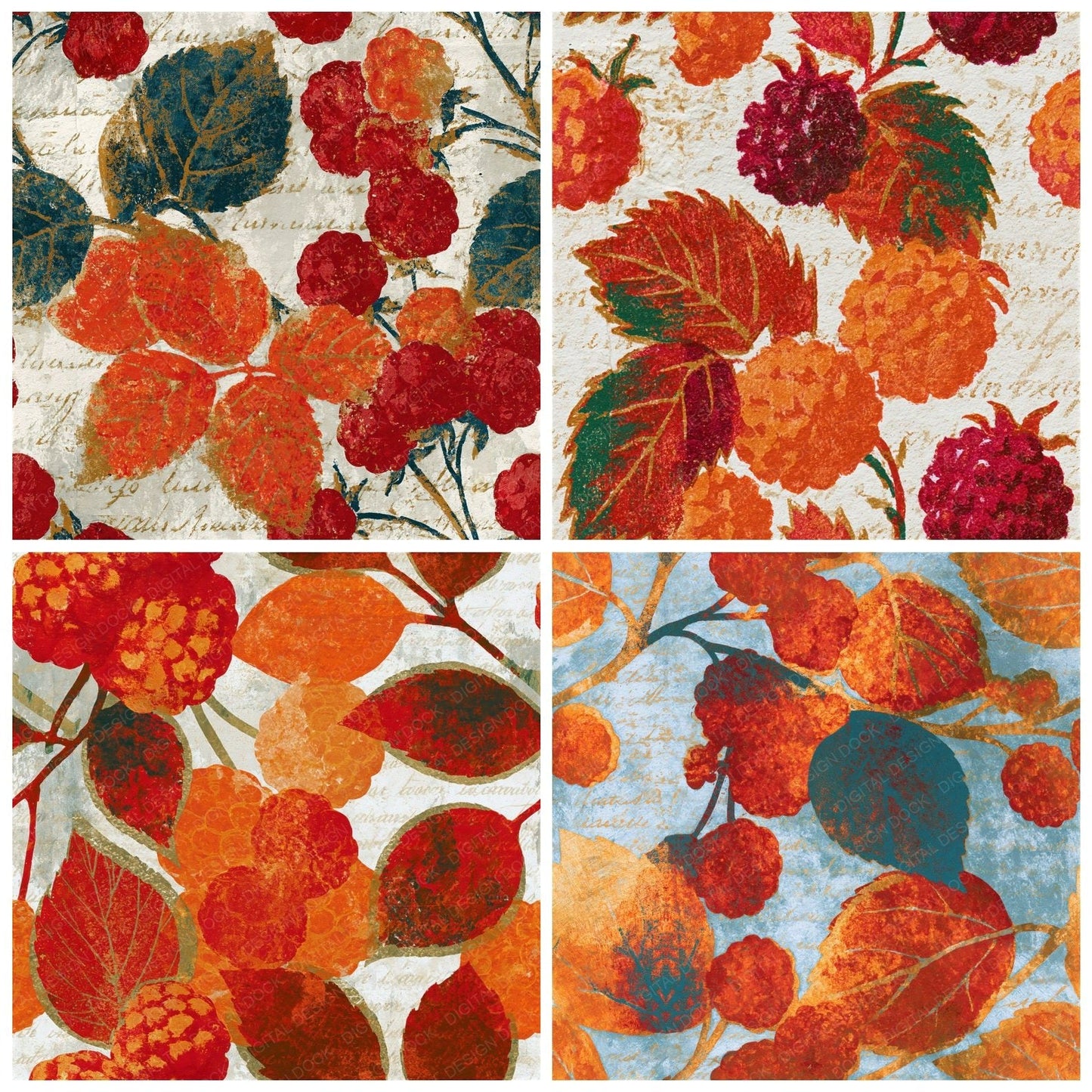 Monoprint Mulberries Cherry Orange Seamless Digital Paper Pack (DDD014132)