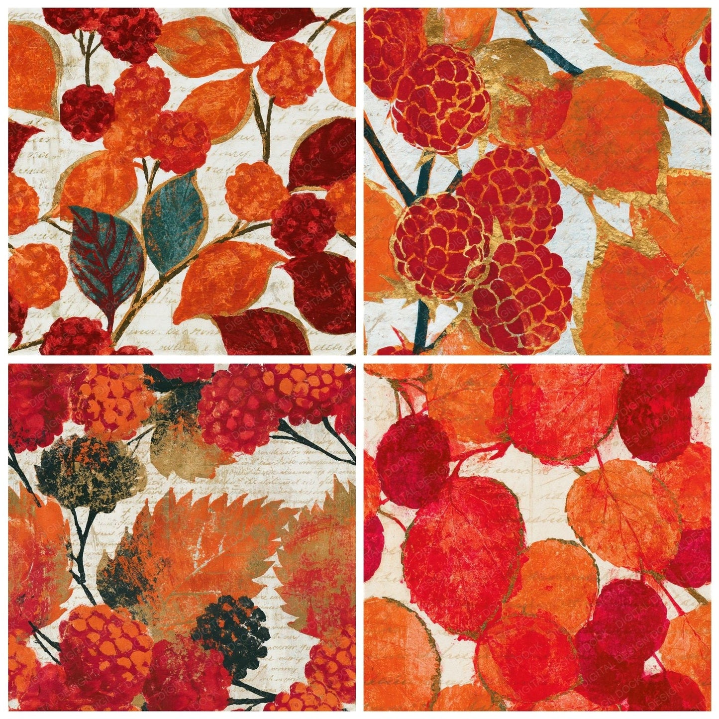 Monoprint Mulberries Cherry Orange Seamless Digital Paper Pack (DDD014132)