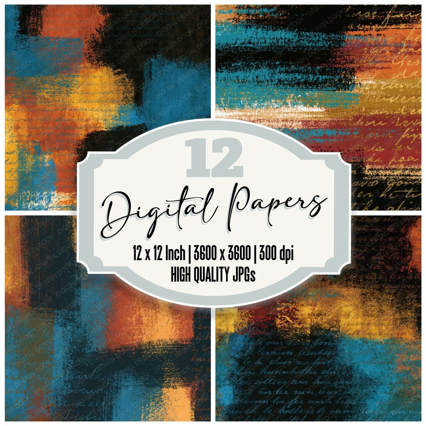 Scratchboard Rust Mustard Turquoise Abstract Digital Paper Pack (DDD014135)