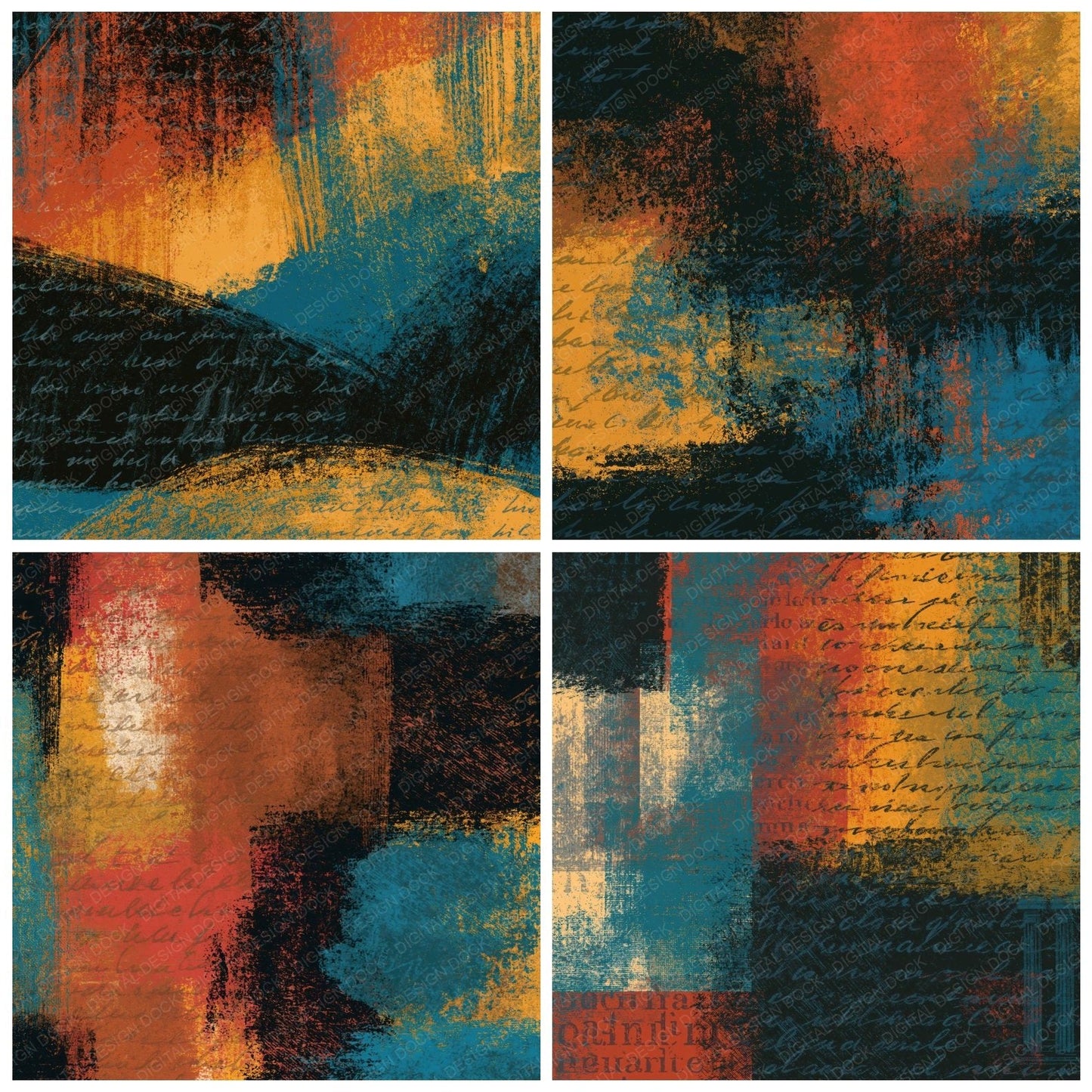 Scratchboard Rust Mustard Turquoise Abstract Digital Paper Pack (DDD014135)