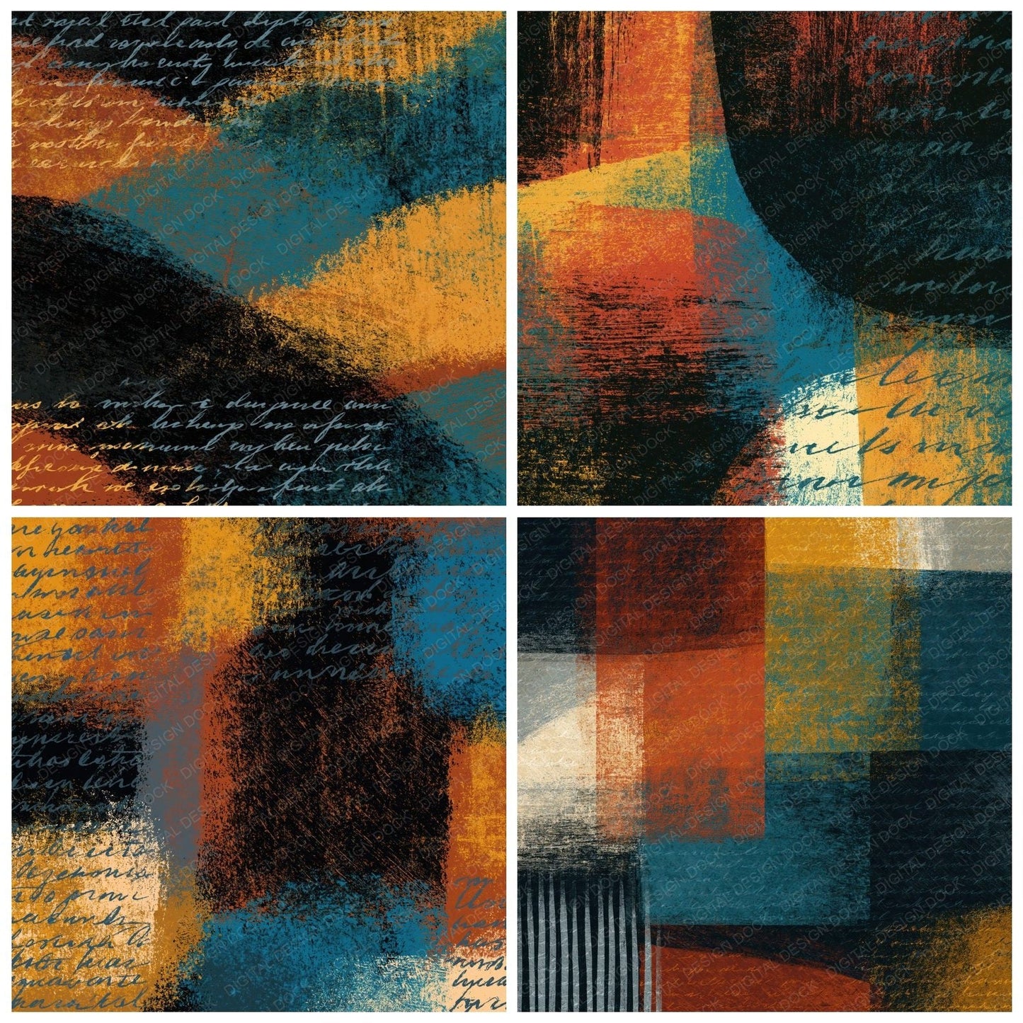 Scratchboard Rust Mustard Turquoise Abstract Digital Paper Pack (DDD014135)